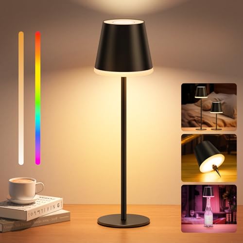 NIBSHOOM Tischlampe Kabellos Dimmbar,5200mAh Led Akku Tischleuchte Höhenverstellbare mit Warmweißes Licht & 256 RGB Farbwechsel,IP54 Wasserdicht Tischlampe Schwarz für Restaurant,Schlafzimmer,Camping