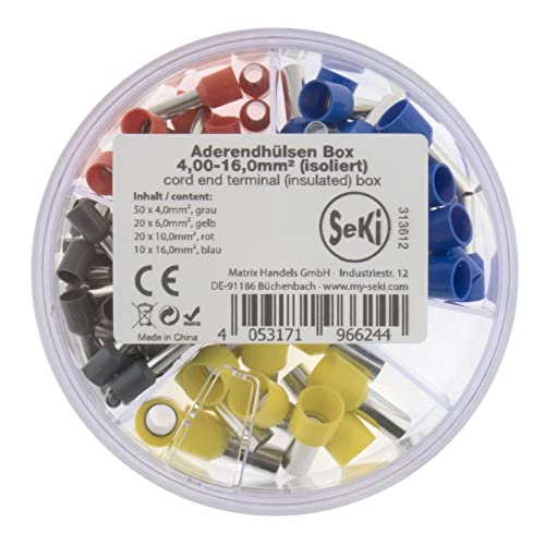 SeKi 313612 Wire End Ferrules Assortment Insulated 100 Pieces 4.0-16.0 mm² (50 x 4, Grey, 20 x 6, Yellow, 20 x 10, Red