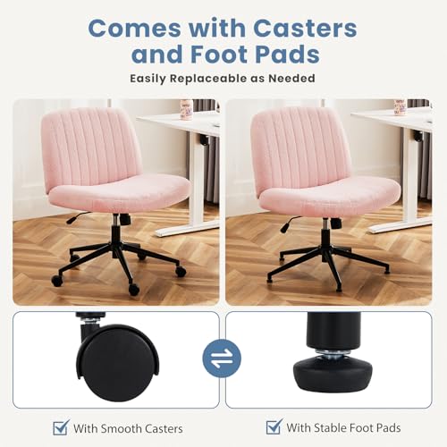 Image of DUMOS Criss Cross Chair with Wheels, Cross Legged Office Chair Armless Wide Desk Chair with Dual-Purpose Base, Adjustable Swivel Teddy Fabric Task Vanity Home Office Desk Chair, Pink