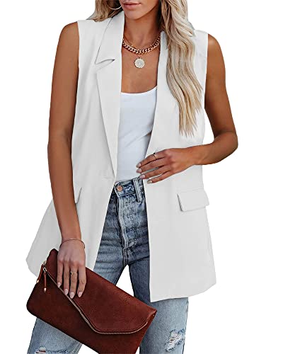 Cicy Bell Women's Sleeveless Blazer Vest Casual Open Front Single Button Summer Jacket With Pockets White #TOP9