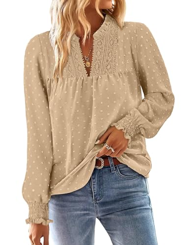 BETTE BOUTIK Women Boho Long Sleeve Shirts Dressy Casual V Neck Fall Fashion Tops Swiss Dot Flowy Blouses