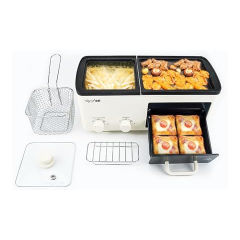 Yangming Newest 4 in 1 Breakfast Maker Station With Grill, Toast Drawer and Frying Basket, Removable Nonstick Plates, Independent Dual Temperature Control, Essential for Breakfast Burgers Eggs Cover