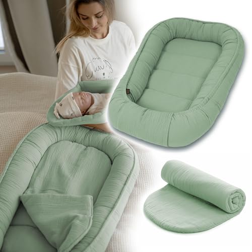 PaLulli® Nido para bebé de 100 x 60 cm, muselina suave con colchón, nido de dormir, capullo, cuna de viaje para recién nacidos, 100 % algodón (verde salvia)