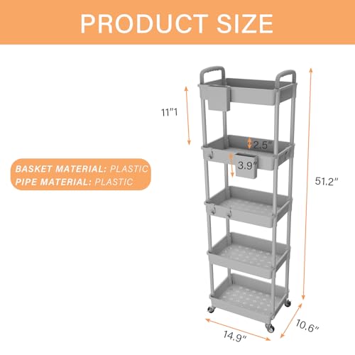 Image of 5 Tier Rolling Utility Cart with Handle,REBECAT Utility Cart Made of Multifunctional Storage Organizer Tool for Kitchen,Bathroom,Living Room,Office(Gray)