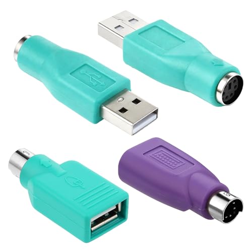 Fyntave 4PCS PS/2 to USB & USB to PS/2 Adapter Combo 2 Types PS2 t o U SB A Male Female Converter for Keyboard Mouse Replacement PS-2 Jack Adapter for Desktop PC Laptop Notebook (Green & Purple)