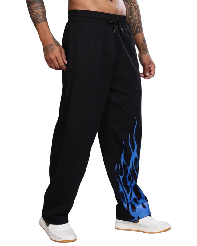Image of Cotton Joggers with Blue Flame Print | Elastic Waist Track Pants | Casual Streetwear | Black Baggy Pants | Sweatpants for Gym Running and Lounge