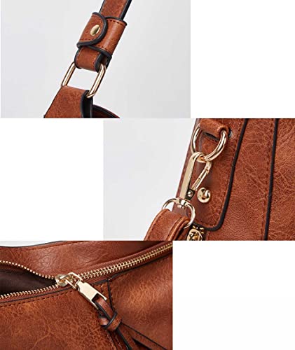 Double Zip Tote Bag Shoulder Crossbody Bag for Women Fashion Hobo Large Handbags Top Handle Bag Faux Leather Brown,Brown4