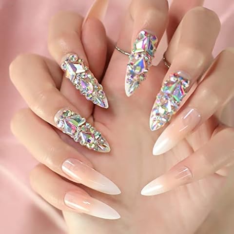 Ombre Pink Fake Press On Nails 3d Extra Long Stiletto Artificial Jewelry Full Cover False Nail With Rhinestones Luxury Bridal Wedding Professional Nail Art Salon Cover