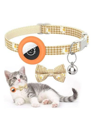 Premium Adjustable Polyester Cat Collar with GPS AirTag Holder, Cute Bell, and Durable Design - Ideal for 19-33cm Necks, Perfect for Pet Tracking & Style (Orange)