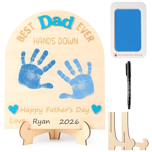 R HORSE DIY Baby Handprint Gift for Dad, 3D Best Dad Ever Hands Down Wooden Art Sign Handprint Keepsake Craft Father’s Day Gift from Kids Daughter Son, Unique Keepsake Plaque Father’s Day Decoration