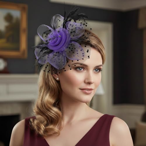 Image of DRESHOW Fascinators Hat Flower Mesh Ribbons Feathers on a Headband and a Clip Tea Party Headwear for Girls and Women