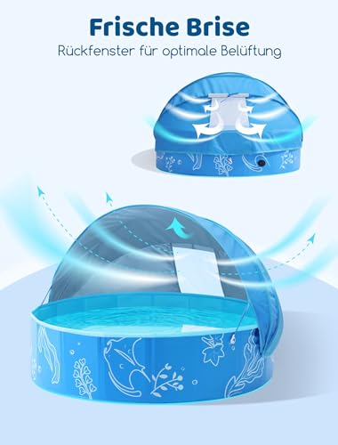 Hikiddy Planschbecken mit Schatten:47 Zoll Pop-Up Splash Pool mit Schatten für Sommer Strand Garten (Blau, 47 Zoll)