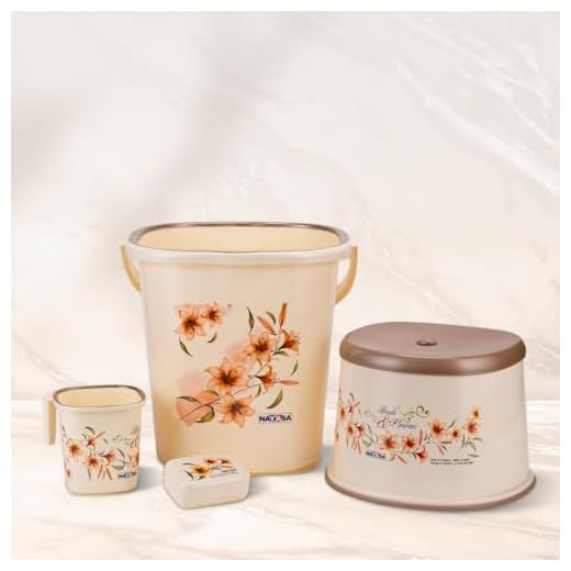 Nayasa Square DLX 4Pcs Bathroom Set(Bucket 25L+Mug 1.5L+Stool+Soap case) Off-White, Plastic