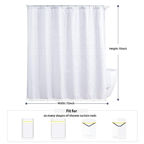 Czl White Boho Shower Curtain For Bathroom With Tassels, Farmhouse Shower Curtain, Textured Tufted Geometry Moroccan Minimalist Cute Aesthetic Modern Shower Curtains Set With 12 Hooks, 72X72 Inch #TOP5