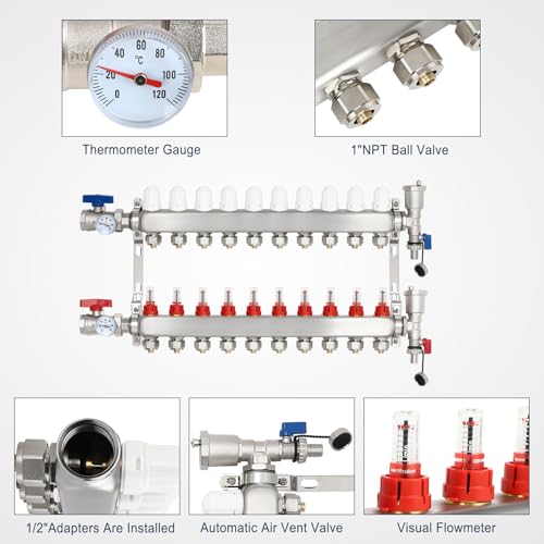 Image of Dollate 10 Loop Radiant Floor Heating Manifold, Stainless Steel, 10 Branch, Adapter, 1 inch NPT