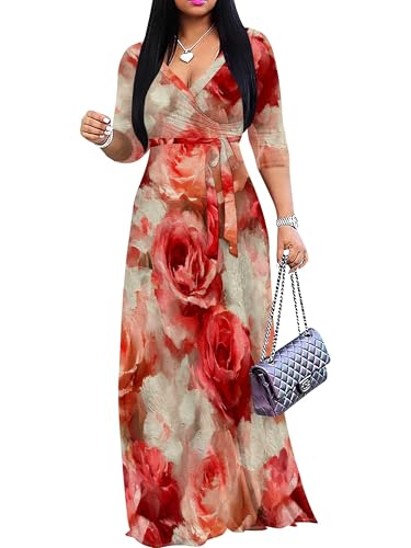 Image of PinkPatty Women's Long Sleeve Maxi Dress Plus Size Trendy Wedding Guest Wrap Dress with Pockets&Belt