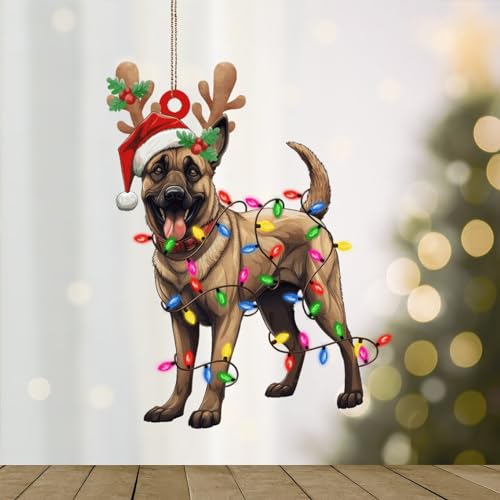 WoGuangis Belgian Malinois Dog Lanterns Christmas Antlers Ornament for Christmas Tree Decor Belgian Malinois Xmas Hanging Ornament Pet Lover's Gift Christmas Acrylic Ornament