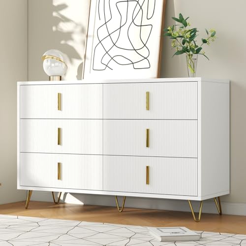 KOMHTOM Commode Chambre avec 6 tiroirs Meubles de Rangement, Buffet Salon avec poignées dorées Meuble tiroir Rangement (Blanc)