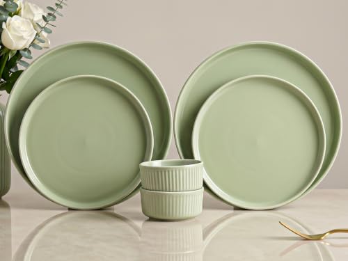 Image of Bodhi House 6-Piece Ribbed Porcelain Dinner Set for 2 with 2 Dinner Plates, 2 Quarter Plates & 2 Katori, Microwave & Dishwasher Safe, Chip Resistant Crockery Set for Home, Dining & Gifting, Tea Green