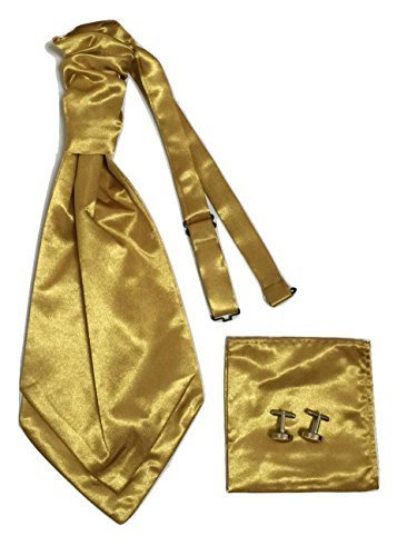 Ll Men's Gold L&L® Adult Satin Wedding Ruche Cravat Tie + Handkerchief Hanky +Cuff Links Set (Gold)