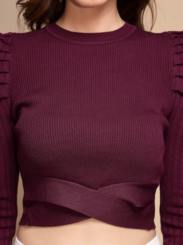 Image of Global Republic Solid Knit Regular Fit Round Neck Full Sleeves Pullover for Women
