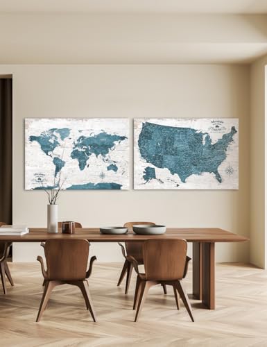 Image of IPIC Vintage Teal World Maps for Wall, World Map Canvas, Size 36x24 in