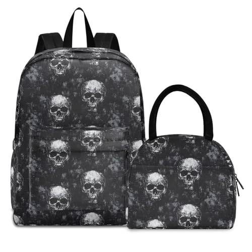 Skulls Black Print Backpack Set with Lunch Bag, Large Capacity Travel Backpacks and Lunch Box Insulated for Commute Hiking Picnic