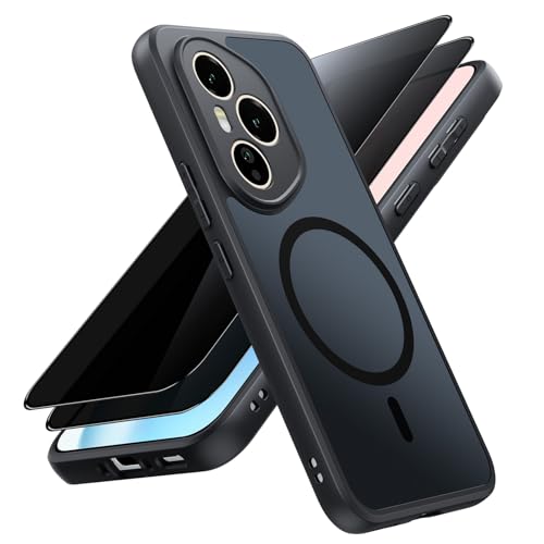 Yxnvixn Magnetic for Honor 400 Pro Case with 2* Privacy Screen Protector [Compatible with Magsafe] Translucent Matte Back Slim Shockproof Anti-Fingerprint Phone Case Cover 6.7-Inch Black