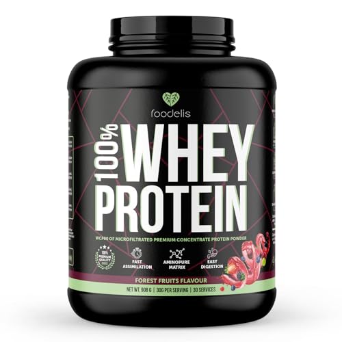 Foodelis 100% Whey Protein | Proteína de Suero Premium con Glutamina Natural y Perfil Completo de Aminoácidos | Máxima Absorción y Fácil Digestión | 908 g – 30 Dosis (Frutas del Bosque)