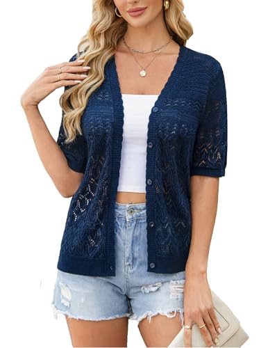 Yekaty Womens Short Sleeve Cardigan Crochet Summer Sweaters for Women Lightweight Cropped Button Cardigan Shrugs Navy Blue