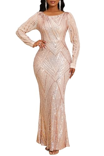 Image of VERWIN Women's Sequins Bodycon Round Neck Long Sleeve Sparkly Mermaid Maxi Dress for Casual Party Cocktail