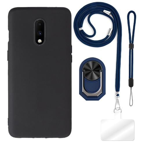 ESCAMOT 4 in 1 Custodia Compatibile con Oneplus 7 con Lanyard Cinturino da Polso e Anello Cover Anti-Caduta Kit da Viaggio Sicuro set blu