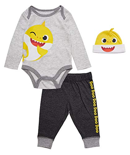 Baby Shark Boys' 3 Piece Onesies Bodysuit Pants and Cap Set (White/Grey/Yellow, 3-6M)