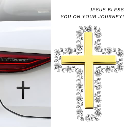 Image of 2PCS Metal Christian Cross Emblem Stickers, 2.5x1.8in 3D Jesus Christ Auto Emblem Badge Decal, Self-Adhesive Styling Cross Decal Decoration for Trunk Tailgate Side Fender (Black+Golden)