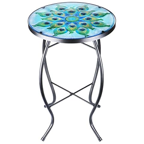 VCUTEKA Patio Side Table Outdoor Coffee Table Mosaic Accent Table Round Small End Table Bistro for Living Room Porch Balcony Backyard Garden Peacock Feather Cover