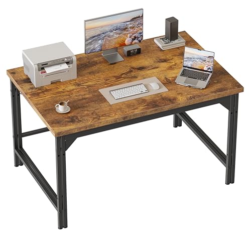 Image of Mericonia 40 Inch Computer Desk, 1 inch Thick Small Office Table, Brown | Modern Simple Style, Heavy Duty Industrial Frame, Small Study & Writing Table for Home Bedroom Work