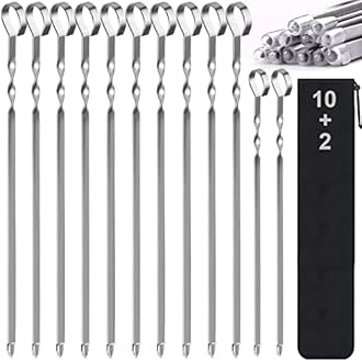 LANNEY Metal Stainless Steel BBQ Barbecue Wide Reusable Grilling Shish Flat Kebab Skewers Sticks Set for Meat Shrimp Chicken Vegetable (16.8" Long) -12 Pack Including Bonus 14-Inch Skewer