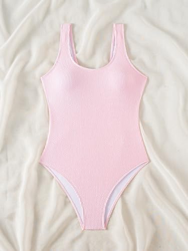 Image of Limeeke Women One Piece Swimsuit Solid Ribbed Monokini Swimwear Scoop Neck Low Back Bathing Suit