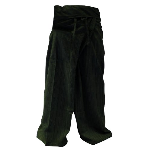 Thai Fisherman Pants Yoga Trousers Free Size Plus Size Cotton Drill Deep Green Stripe by Hugdethailand