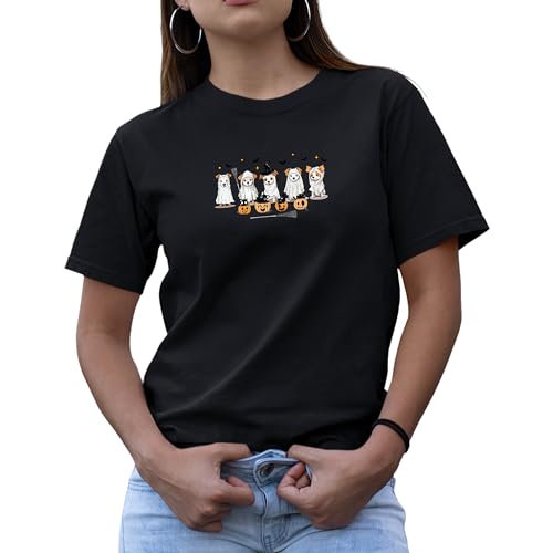 Funny Halloween Dogs Womens T Shirt Spooky Fancy Dress Ghost Pumpkins Relaxed Unisex Fit Top, S, Black