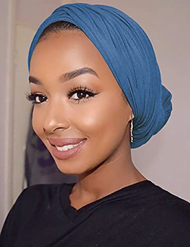 Harewom Headscarf For Black Women Fashion Long Stretch Jersey Turban Hair Wrap For Muslim Locks Headbands Steel Blue #TOP4