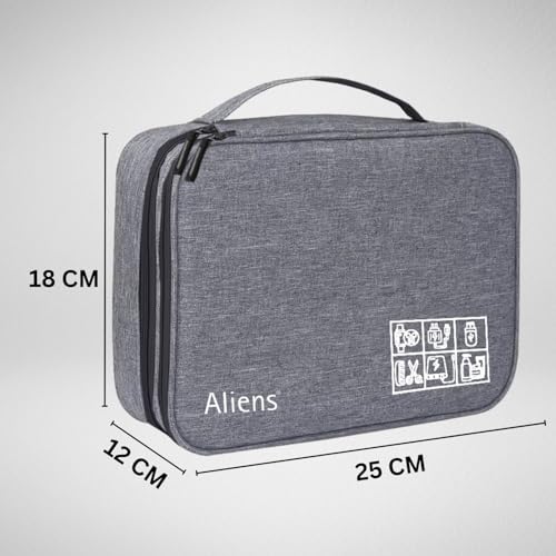 Image of Aliens Double Layer Gadget Travel Tech Organizer Case Bag Pouch /Electronic /Toiletry Organiser /Cosmetic Kit Polyester Water-Proof for Ipad,Charger,Hard Disk,Cables,Laptop & PC Accessories-Grey