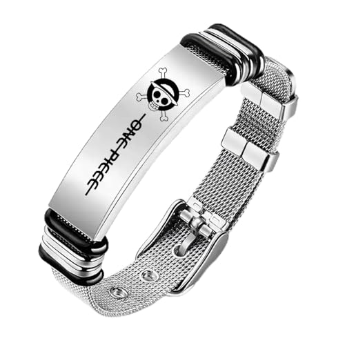 BayJew One Piece Anime Bracelet - Stainless Steel Adjustable Mesh Wristband with Skull Design for Men Women Christmas gifts