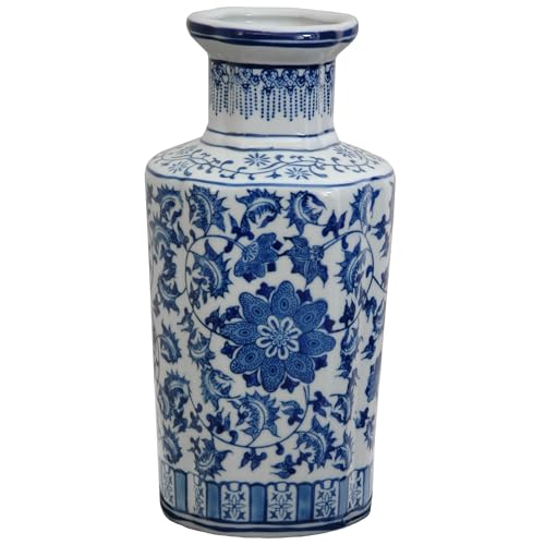 Oriental Furniture Vase en Porcelaine Motif Floral Bleu/Blanc 30,5 cm