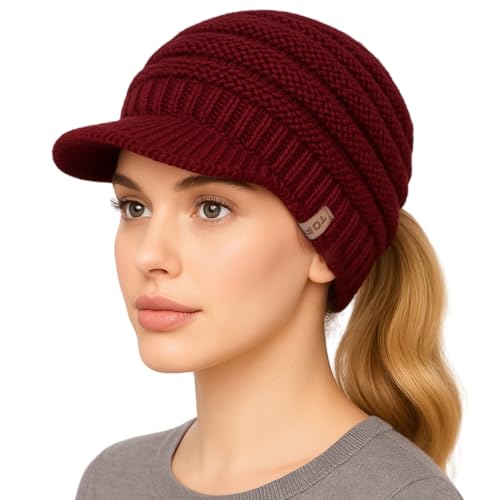 TOP-EX Beanie Damen Wollmuetze Warme Wintermuetze mit Fleecefutter Strickmütze mit Schirm Pferdeschwanz Burgund