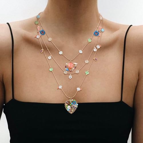 BriLove Handmade Strand Necklace for Women,Bohemian Boho Beaded Layered Heart Collar Statement Pendant Necklace for Summer Vacation Holiday Prom Jewelry2