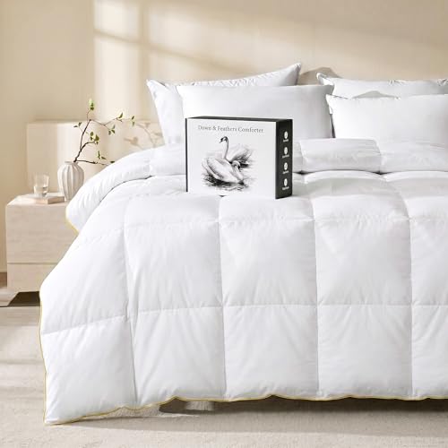 UNIKOME Lightweight Goose Feather Down Fiber Comforter King Size, Duvet Insert with Soft Downproof Cover for Summer/Hot Sleepers, Hotel-Luxury Fluffy Bed Comforter with Corner Tabs (104"X88", White) by UNIKOME - Used condition - US$81.07