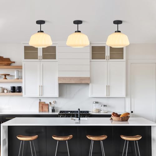 Image of Modern Black Ceiling Light Semi Flush Mount Ceiling Lights Fixture with White Striation Glass Shade for Entryway Bedroom Kitchen Foyer