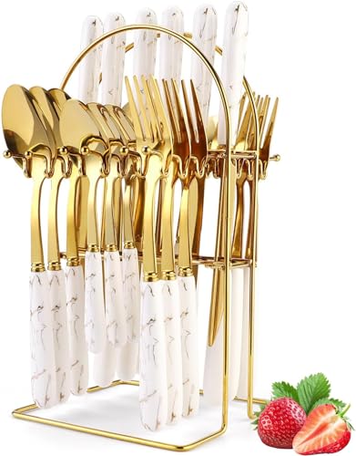 Image of Artek Stainless Steel Spoons, Forks & Knives Set of 24 with Stand and Ceramic Handle Golden Cutlery Set (White)