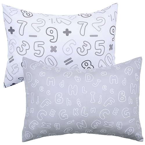Image of UOMNY Toddler Pillowcase 13 x 18 - Neutral Case for 14 x 19 12x18 Crib Pillows, Soft Travel Cover With Envelope Closure, Letters and Arabic Numerals, Small Baby Pillow Case, Grey White